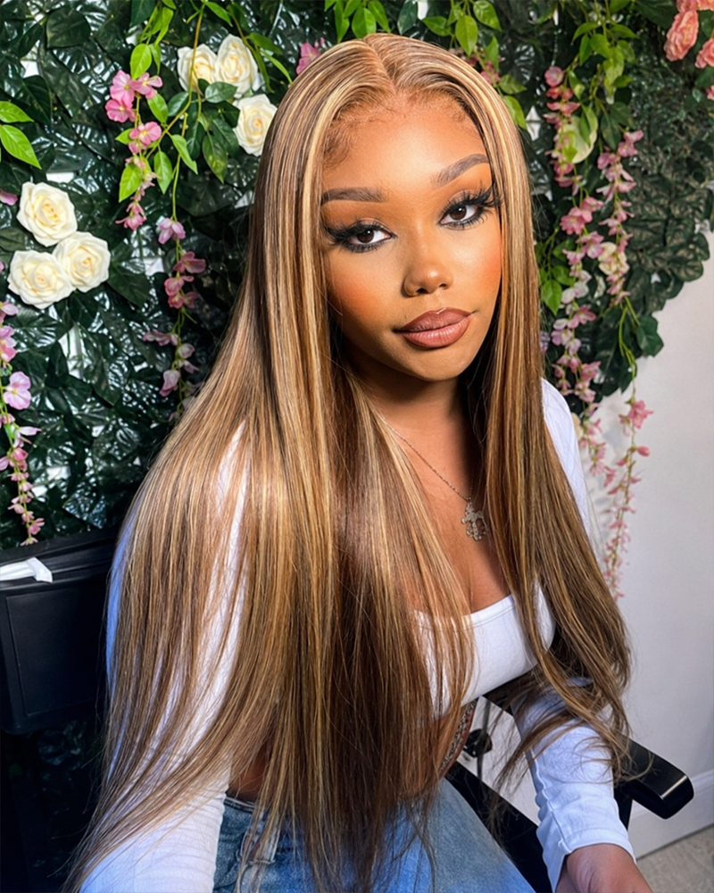 straight hair balayage highlight brown wig_model