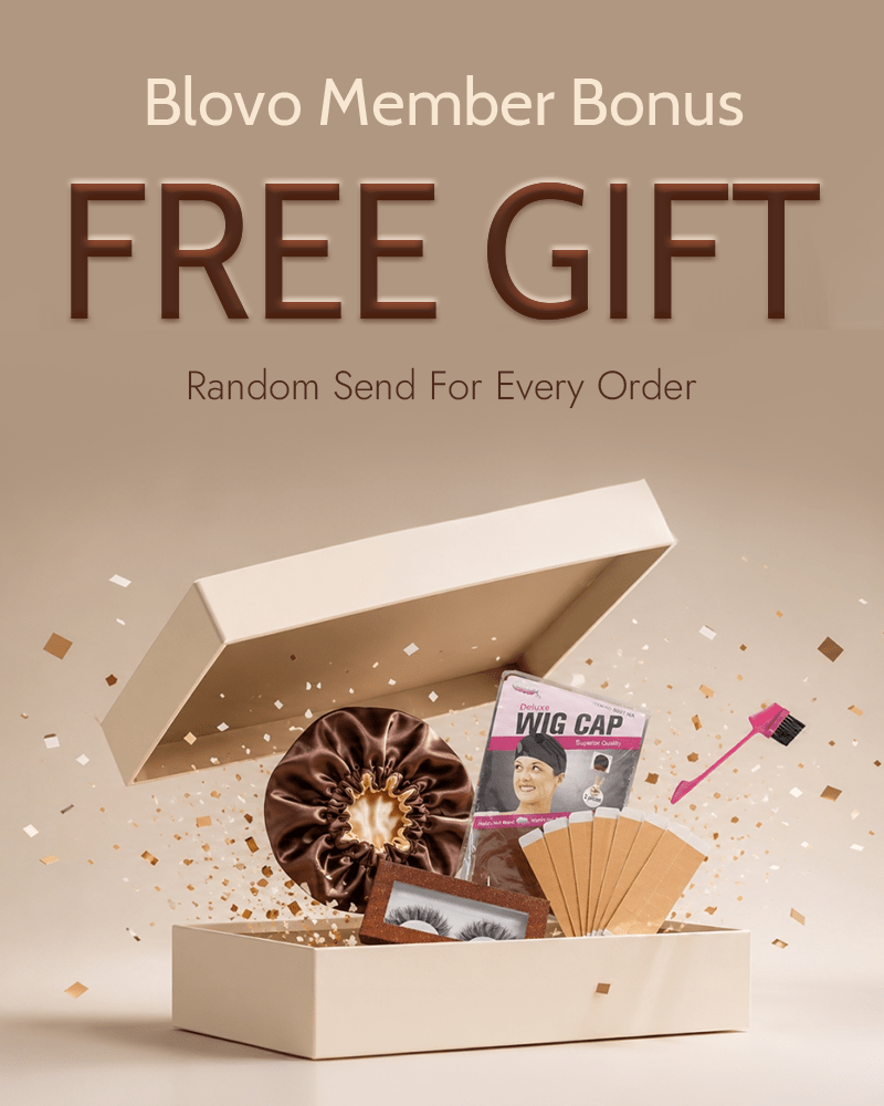 Blovo Gift Package 4-6 Random Free Gift：Elastic Headband, HD Wig Cap, Silk Wash Cap, Skin-Friendly Lace Tape, Multi-Purpose Edge Comb, 3D Eyelashes, Gift Package, Silk Wig Bag etc