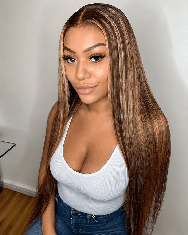 Balayage Mèches Marron Raide 7x6/13x6 Perruque Lace Front Deep Parting Cheveux Humains Raie Libre