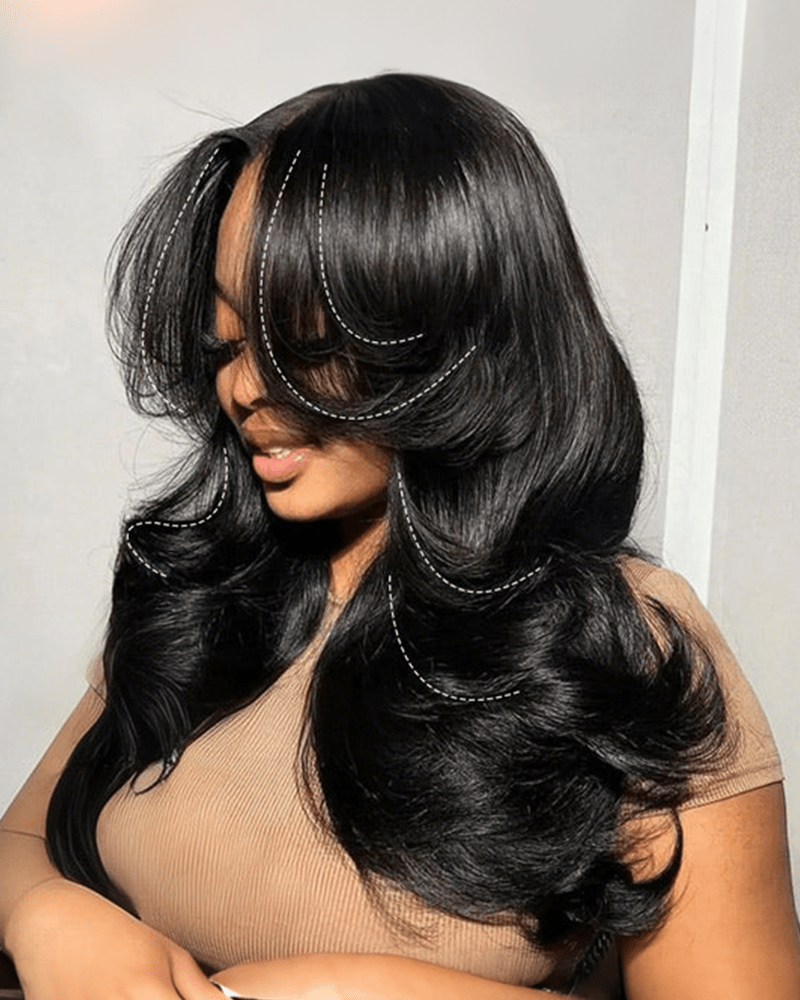 Pre-Styled Curtain Bangs Body Wave 7x6/13x6 Deep Parting Layer Cut Lace Wig Human Hair Free Part Wig
