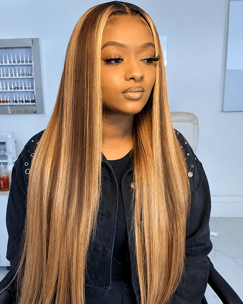 straight hair balayage highlight brown wig_model