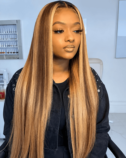 straight hair balayage highlight brown wig_model