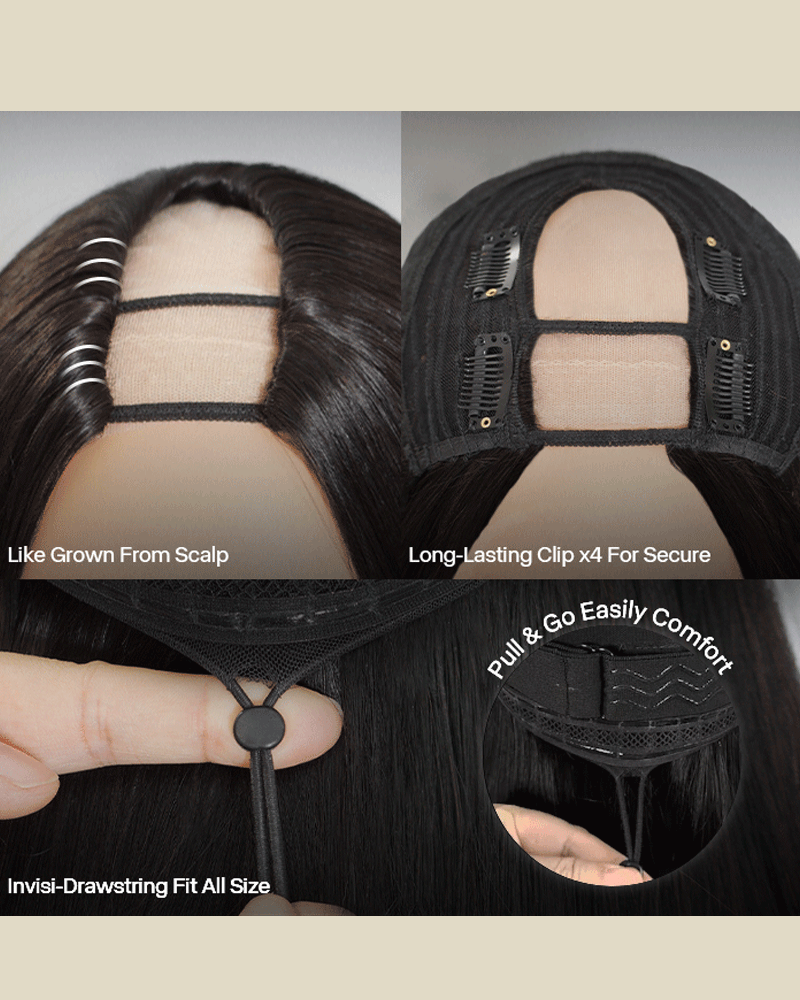 Wear Go Kinky Straight U Part Wig Glueless Adjustable Drawstring 100% Virgin Human Hair